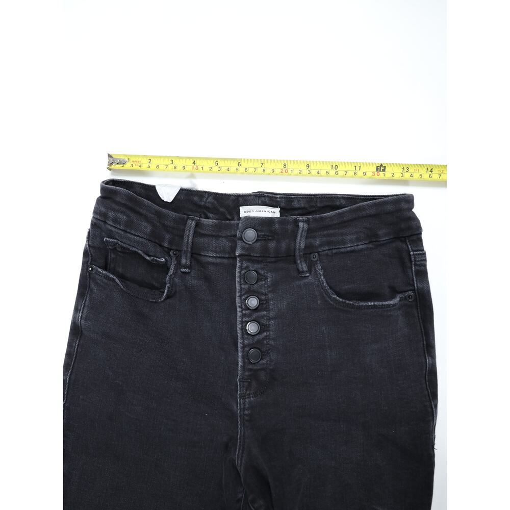 Good American Washed Black High Rise Button Fly Flare Jeans Raw Hem Size 6/28 - Picture 14 of 16